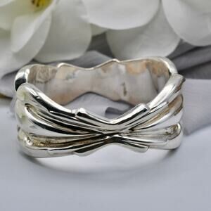 Signed ZIV Israel 41.7g Sterling Silver 925 Solid Liquid Wave Statement Bangle